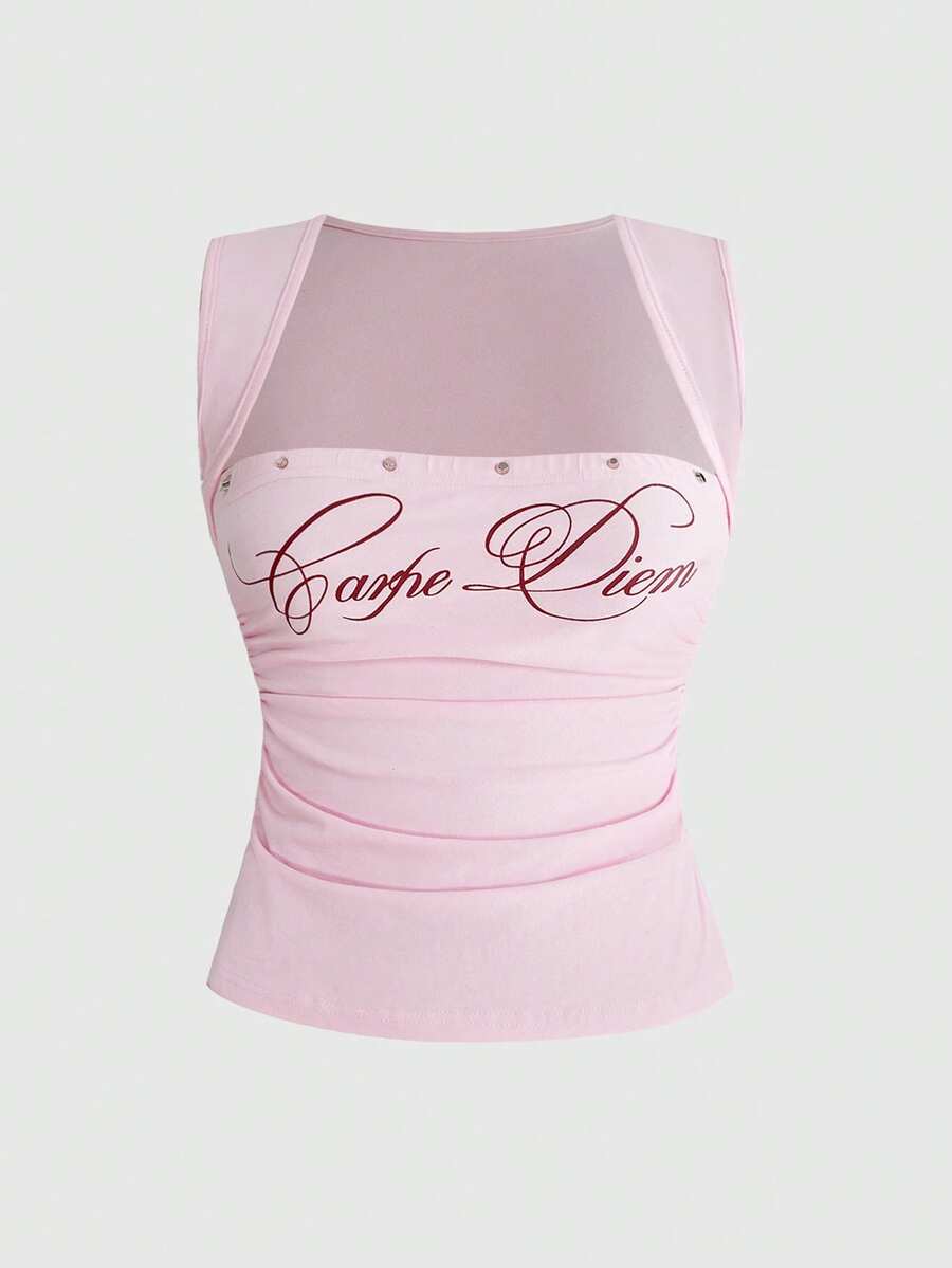 ROMWE Avant Sexy Slogan Print Punk Rivet Low-Cut Bodycon Ruched Camisole - Pink - View 1