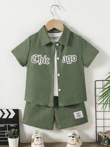 SHEIN Explorewe 小男孩字母印花單排扣短袖襯衫與短褲休閒日常套裝 - 軍綠色 - 查看 2
