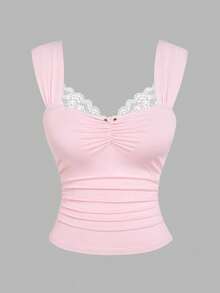 Vibekara Plus Size Women's Contrast Lace Tank Top And Pants Casual 2 Pieces Set - Pink - View 3
