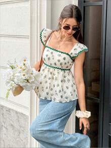 Serisse Women's Ditsy Floral Square Neck Flutter Sleeve Blouse For Vacation White Floral Summer Sexy Gothic Tropical Elegant Tea Party Vintage - Green - View 1