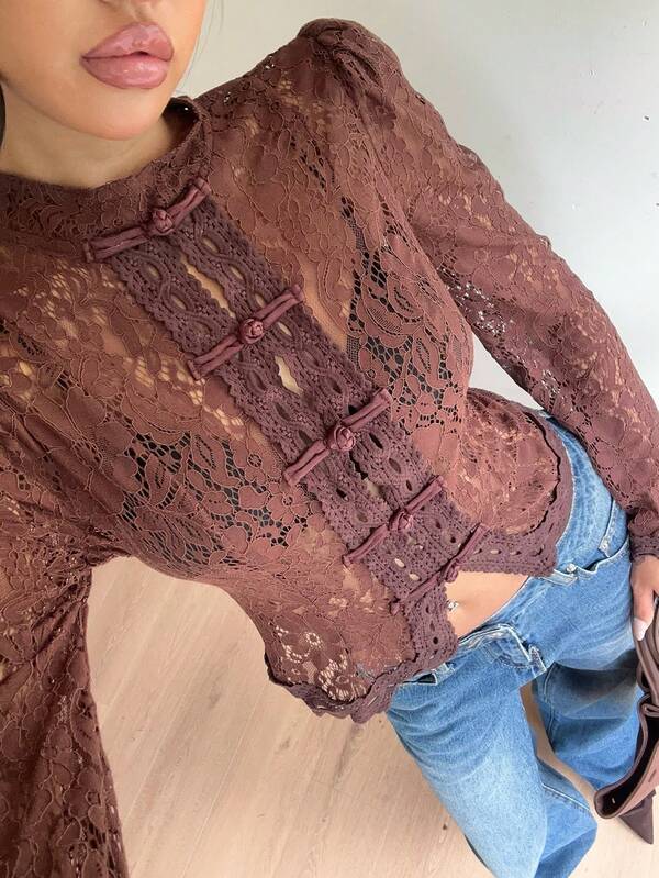 Siren Gaze Vintage-Style Lace Top With Chinese-Style Knot Buttons | Sheer Cut-Out Long-Sleeve Shirt . Vintage Court-Style Lace Outer Layer / Brown