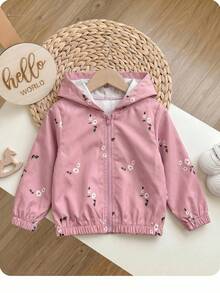 SHEIN Babygirl Cute Casual Pink Floral Pattern Hooded Autumn Winter Jacket - Pink - View 3