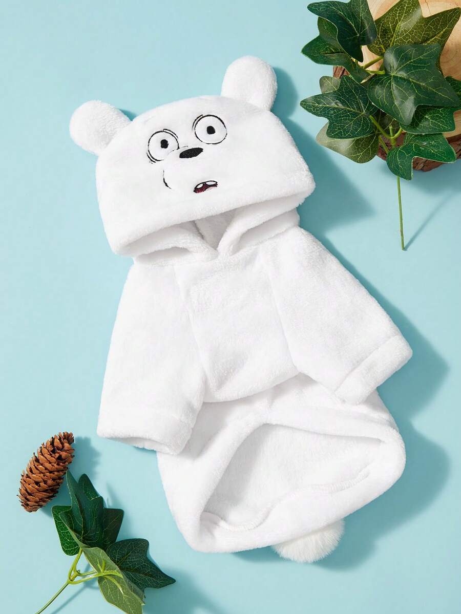 We Bare Bears X PETSIN 1件貓狗通用服飾,厚法蘭絨保暖連帽衫,可愛刺繡立體耳卡通角色扮演,適合室內休閒或寒冷戶外冬季散步,小型犬舒適衣物 - 白色 - 查看 1