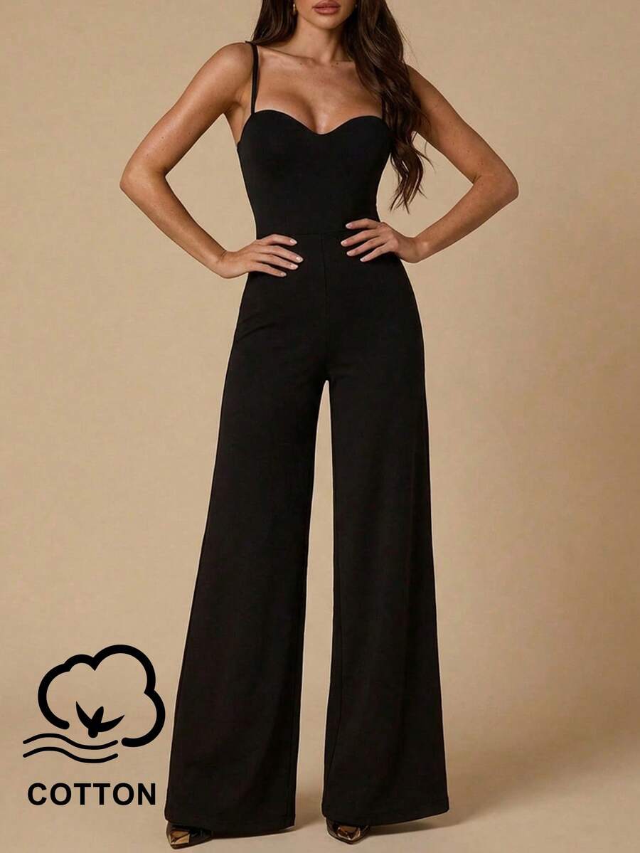 SHEIN BAE 女款優雅極簡細肩帶連身褲 - 黑色 - 查看 1