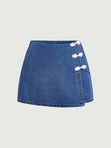 SHEIN MOD Falda pantalón de mezclilla con botones tipo rana - Azul - Ver 2