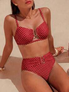 Swim Chiccia 女款紅白色波點比基尼套裝，70年代復古高腰兩件式泳衣，附金色U型裝飾，夏季度假泳池派對穿搭 - 紅色 - 查看 1
