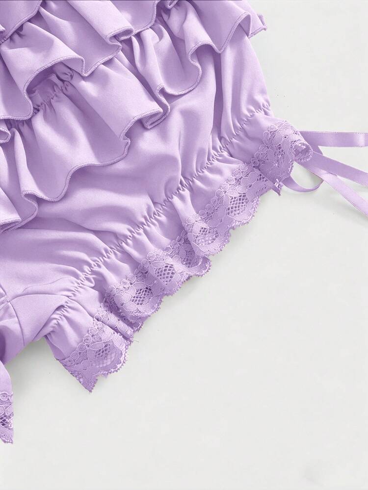 ROMWE Kawaii Women's Solid Color Bow Decor Pleated Fashion Versatile Date Outing Cake Shorts - Mauve Purple - View 4