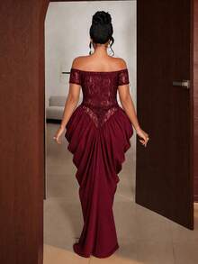 Maweii Plus Size Burgundy Off Shoulder Lace Dress With Hollow Bow Design And Pleated Gown - Red - View 2