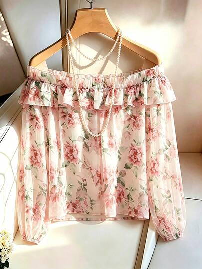 SHEIN Women's Watercolor Pink Rose Floral Off-Shoulder Chiffon Blouse, Double Layer Ruffle Cold Shoulder Puff Long Sleeve Top, Elastic Cuffs