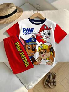 SHEIN | PAW Patrol 小男孩休閒簡約款，柔軟舒適，經典可愛卡通動畫圖案印花，可愛小狗圓領短袖T恤與短褲2件組，適合春夏季 - 彩色 - 查看 4
