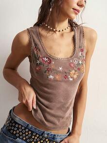 Bohemela Casual Boho Solid Color Knit Sleeveless Fitted Embroidered Tank Top For Women Vacation Brown Floral Summer - Brown - View 6