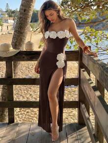 Bonvoyette 春夏時尚暢銷款 高端優雅女孩一件式3D花卉設計泳衣，附長款沙灘罩衫裙，適合海灘度假 - 棕色 - 查看 3
