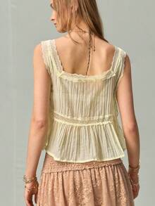 SHEIN Women's Square Neck Lace Trim Patchwork Tie-Up Elegant Fashion Versatile Tank Top - Yellow - View 2