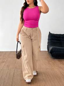 SHEIN EZwear 大码纯色圆领无袖宽肩带修身褶皱夏季背心 - 玫紅色 - 查看 5