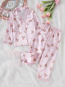Genkimix Kids 女童緞面蝴蝶結印花長袖開襟衫與長褲 2 件套居家服 春/秋季 - 粉色 - 查看 3