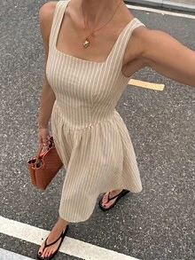 Siren Gaze Women's Minimalist Casual Coastal White Square Neck Dress For Vacation And Daily Wear Vacation Summer - Multicolor - View 3