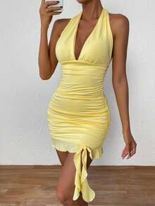 Allurite Ruched Ruffle Hem Backless Halter Bodycon Dress - Yellow - View 6