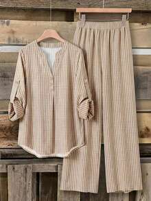 EMERY ROSE Plus Size Women's Casual Long Sleeve Shirt And Pants 2 Pieces Set, Women's Striped Set, Women's Casual Set Fall - Multicolor - View 1