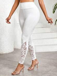 SHEIN Lady 高腰蕾絲拼接女款緊身褲 健身運動 白色 夏季 性感 - 白色 - 查看 8