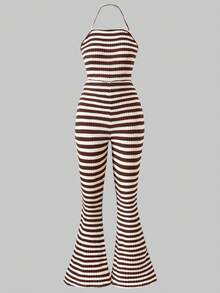 Teen Girls Slim Fit Strapless Bandeau Brown & White Horizontal Striped Knit Textured Jumpsuit, Elastic Skin-Friendly Comfortable Versatile Chic Style For Daily Wear, Outing, Outing, Vacation And Photos - Brown - View 3