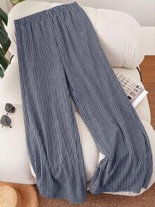 SHEIN Frenchy Plus Size Women Navy Blue Striped Casual Pants Fall - Multicolor - View 2