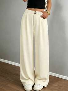 Girls' Textured Vertical Striped Black Loose Button Long Pants - Apricot - View 7