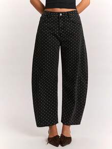 SHEIN BAE Women'S Polka Dot Pattern Pocket Tapered Casual 80s Retro Streetwear Denim Jeans Fall Clothes Teacher Pants Daytime Holiday Going Out Everyday Date - Black - View 1