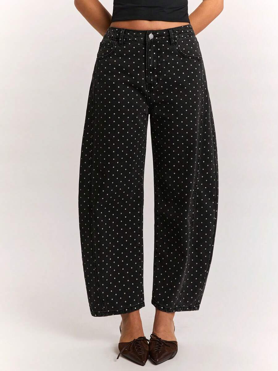 SHEIN BAE Women'S Polka Dot Pattern Pocket Tapered Casual 80s Retro Streetwear Denim Jeans Fall Clothes Teacher Pants Daytime Holiday Going Out Everyday Date - Black - View 1