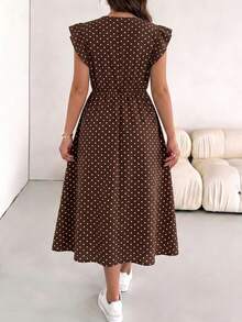Shapeblank Brown Polka Dot Plus Size Women's Notch V-Neck Flutter Sleeve Elegant Dress - Multicolor - View 2