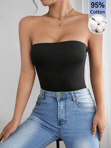 SHEIN PETITE 純色抹胸夏季時尚女款連身衣 - 黑色 - 查看 9