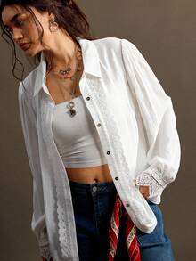 Nubod Plus Size Women's French Elegant Lace Patchwork Single-Breasted Blouse Fall - White - View 6