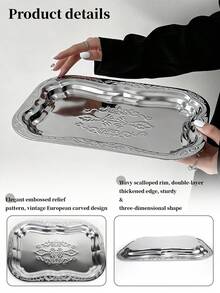 1PC Stainless Steel Multi-Purpose Rectangular Tray, Embossed Metal Fruit Bowl, Stainless Steel Decorative Tray, Jewelry And Cosmetics Storage Box, Bathroom Shelf, Storage Tray - Silver - View 4