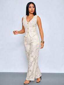 SOLERSUN Elegant Commute Birthday Party Outing Suit Set, Premium Jacquard Fabric, Women's Spring/Summer Cream - Apricot - View 2