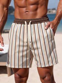CoralVoy Men's Casual Striped Drawstring Beach Shorts, Holiday - Khaki - View 6