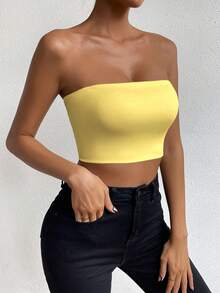 Allurite Ladies' Solid Color Simple Style Daily Strapless Top - Yellow - View 4