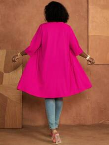 BrightlyHer Plus size enfärgad rosa lång cardigan med öppen front, 3/4-ärm, lätt, höst/vinter 2026 - Skrikrosa - Visa 3