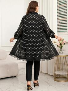 Reflora Plus Size French Fashion Polka Dot Print Lace Patchwork Button Shirt - Black and White - View 2