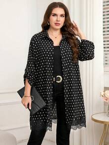 Reflora Plus Size French Fashion Polka Dot Print Lace Patchwork Button Shirt - Black and White - View 6