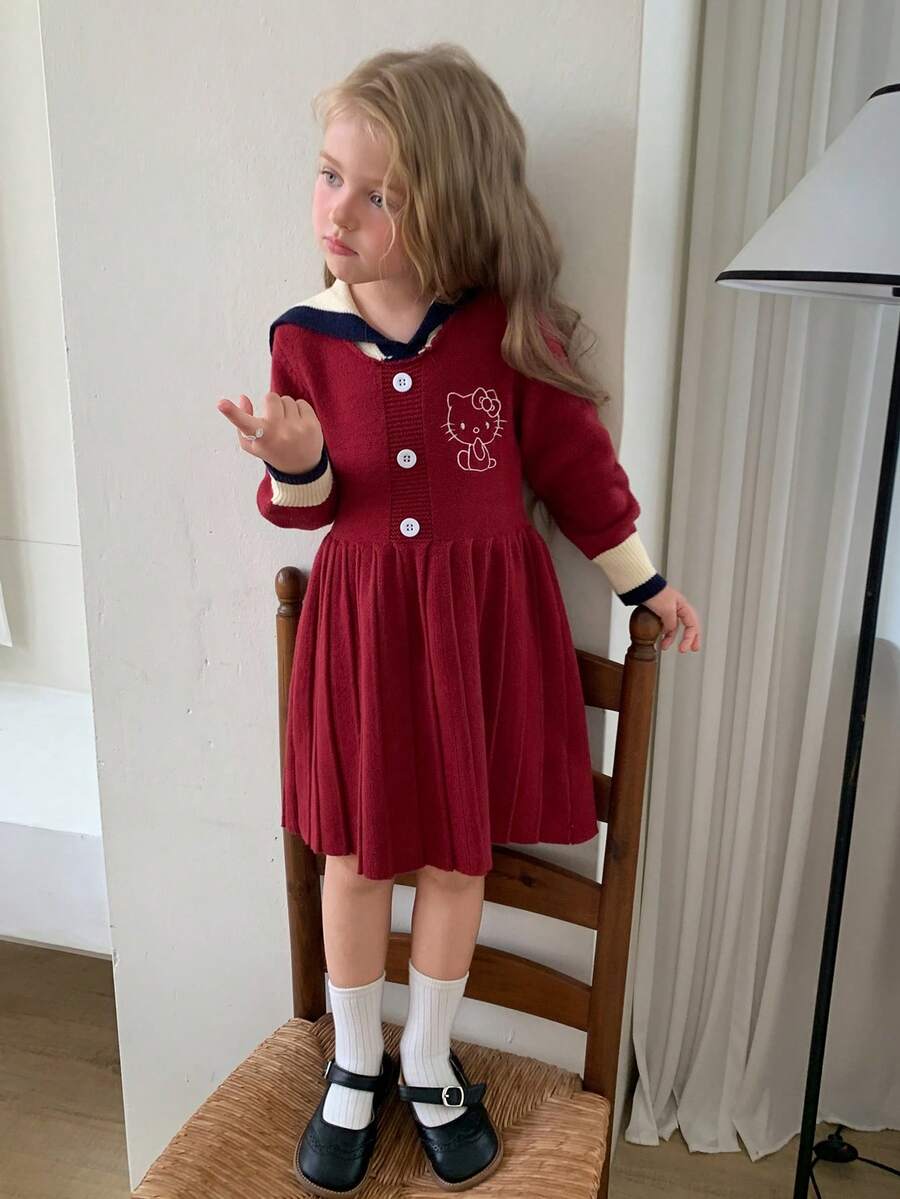 Dazy Kids HELLO KITTY | DAZY Gaun Sweater Anak Perempuan Lengan Panjang Kerah Pelaut Lucu Warna Kontras dengan Motif Kucing KT untuk Musim Gugur - Merah - View 1