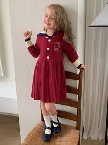 Dazy Kids HELLO KITTY | DAZY Gaun Sweater Anak Perempuan Lengan Panjang Kerah Pelaut Lucu Warna Kontras dengan Motif Kucing KT untuk Musim Gugur - Merah - View 7