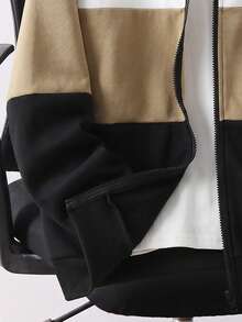 SHEIN 青少年男孩休閒寬鬆舒適百搭趣味拼接撞色連帽開襟運動外套，適合外出穿著 - 卡其色 - 查看 3