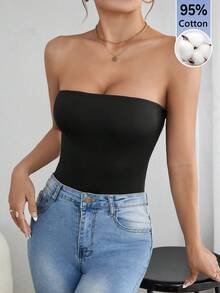 SHEIN PETITE 純色抹胸夏季時尚女款連身衣 - 黑色 - 查看 6