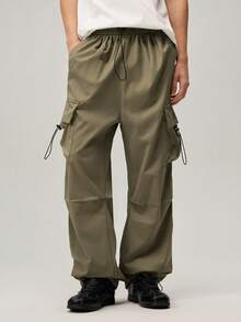 Vaulklash Men Flap Pocket Side Drawstring Waist Oversize Cargo Pants, For Fall - Army Green - View 5