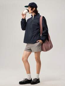Men's Navy Blue Woven Fabric Long Sleeve Regular Length Jacket With Striped Detail - Navy Blue - View 2