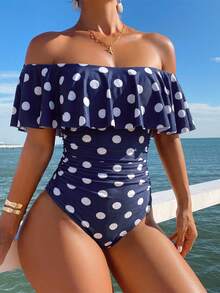 Swim Lushoire Spring/Summer Polka Dot Print Ruffle Off-Shoulder Side Ruched One-Piece Swimsuit For Women, Festival Boho - Multicolor - View 1