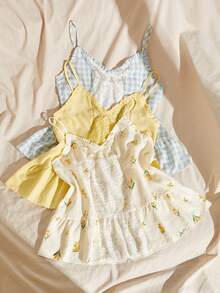 Lullawish 3pcs Bohemian Vacation Style Floral & Plaid Print Contrast Solid Color Lace Trim Camisole Sleepwear Tops For Women - Multicolor - View 2