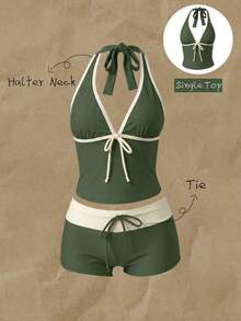 Elavelle Áo bikini hai dây buộc nơ in họa tiết ngẫu nhiên dành cho nữ, thích hợp cho mùa xuân/hè. - Nhiều màu - Xem 1