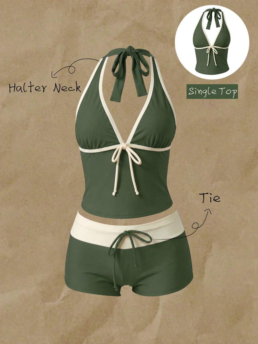 Elavelle Áo bikini hai dây buộc nơ in họa tiết ngẫu nhiên dành cho nữ, thích hợp cho mùa xuân/hè. - Nhiều màu - Xem 1
