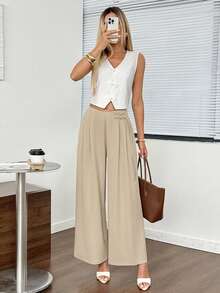 Easowa Asymmetrical Waistband Button Detail, Pleated Waist, Wide Leg High Waist Long Pants, Casual Elegant Autumn Women's Office Bar Party Khaki - Khaki - View 4