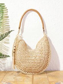 SHECARRY Ladies' Fashionable Beige Shoulder Bag, Hand-Woven Half-Moon Bag, Exquisite Vacation Leisure Versatile, Travel, Beach, Seaside, Bohemian - Beige - View 1